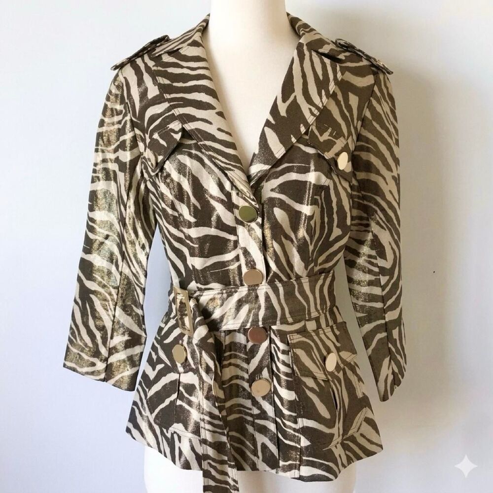 Caché Vintage Metallic Gold Zebra Belted Linen Blazer Jacket S NWOT